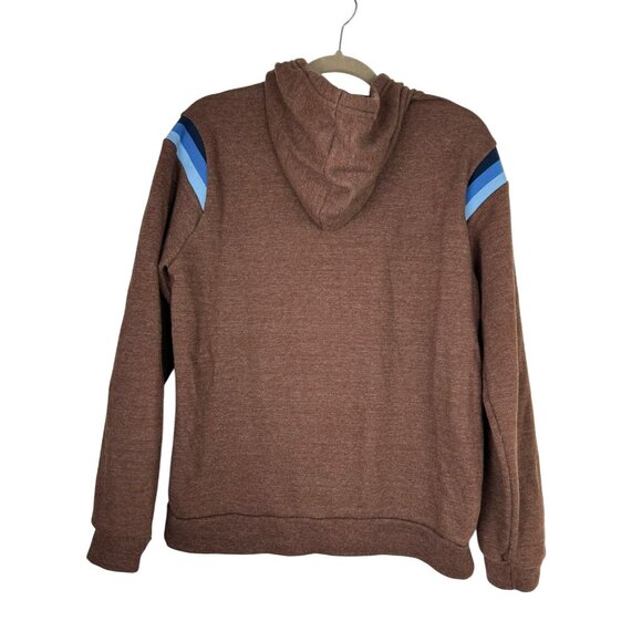 Marine Layer Mens M Brown Hoodie With Blue Striped Shoulders & Kangaroo Pocket - Picture 3 of 9